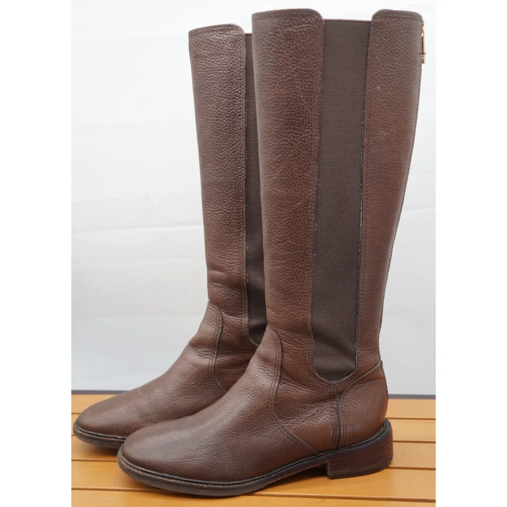 Tory Burch Christy Tall Riding Boots Brown Pebbled Leather Rear Zip Size: 8.5 M